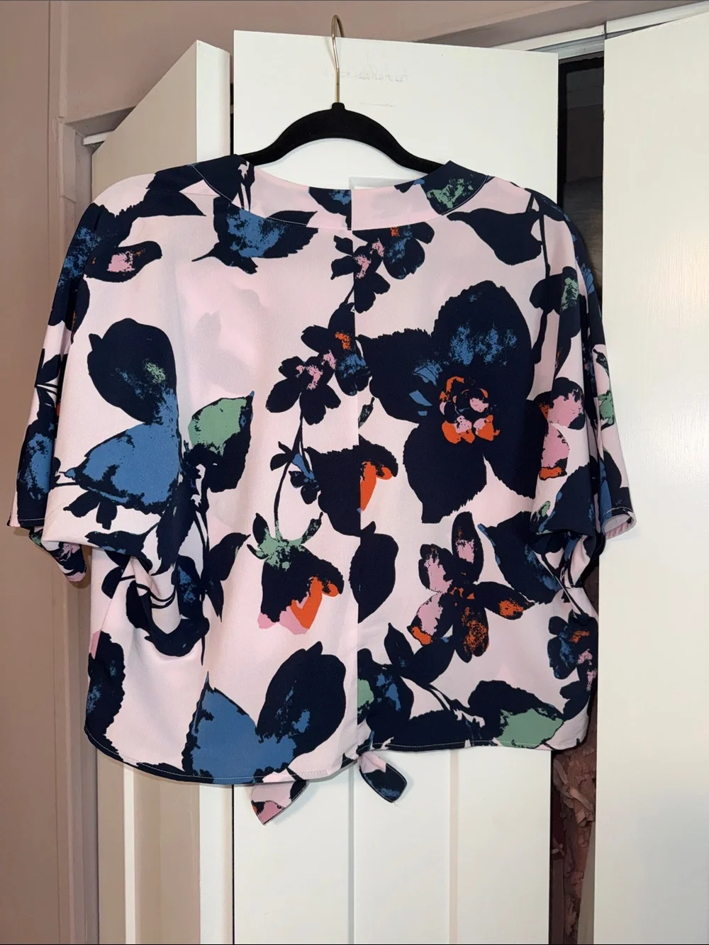 Boutique Pink Floral Tie-Front Blouse with Navy and Blue Accents - Picture 3 of 3